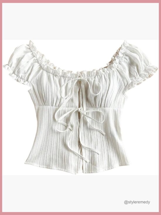 Tops - Bow Tie Front Ruched Blouse with Puff Sleeve Square Neck